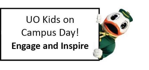 University of Oregon mascot holding a UO Kids on Campus Day sign.